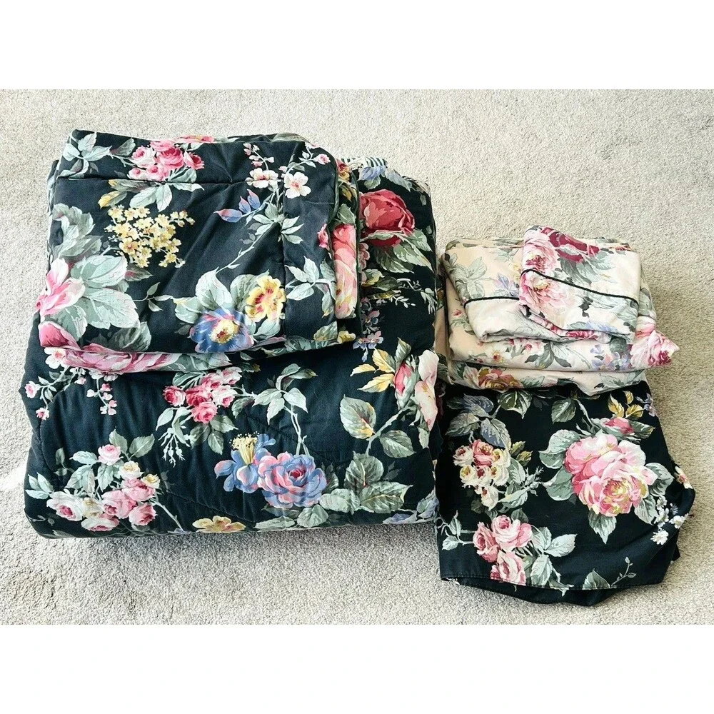 Vtg Croscill Francesca Queen Bedding Set Comforter Sheets Shams Skirt Black Rose